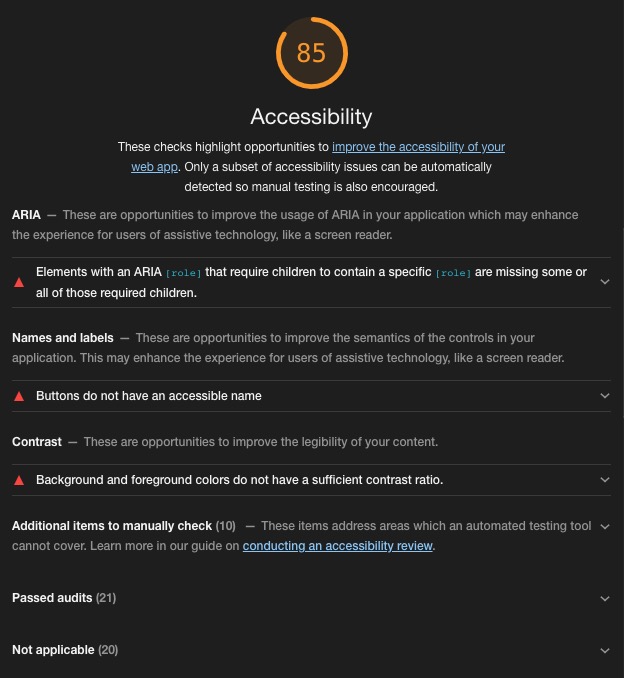 Accessibility report in Lighthouse