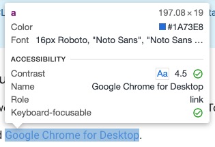Element inspection report showing color contrast ratios