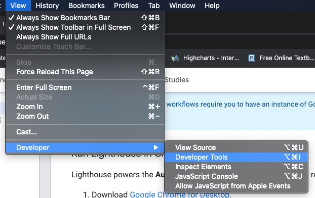 Open Developer Tools Selection of developer tools from view menu
