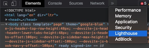 Lighthouse option highlighted in dropdown list