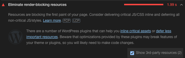 render-blocking resources suggestion indicating Wordpress is the cause