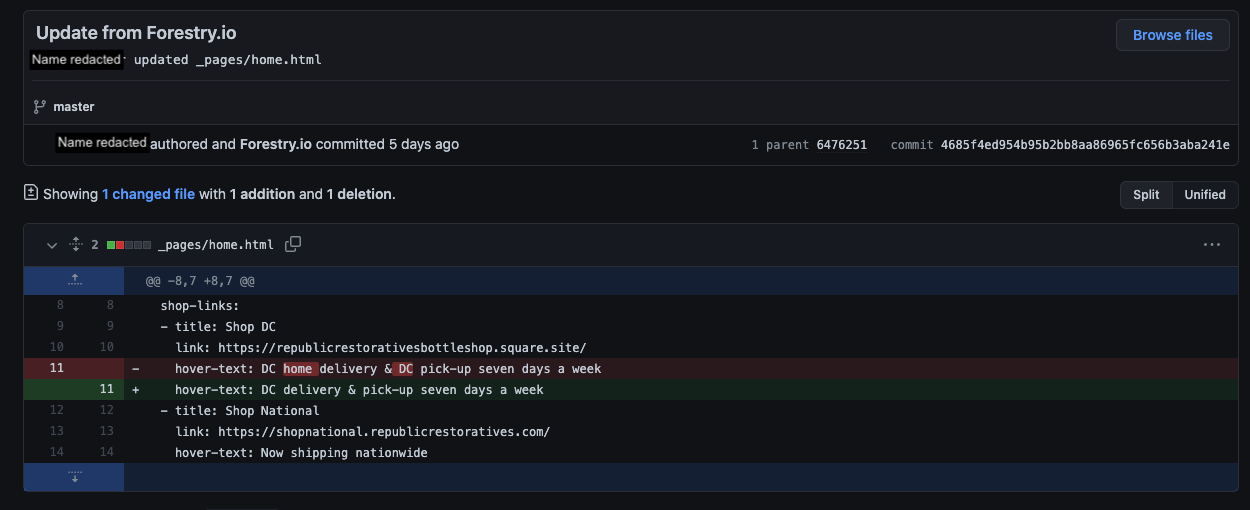screenshot of a commit in github in which a content editor made changes to a link